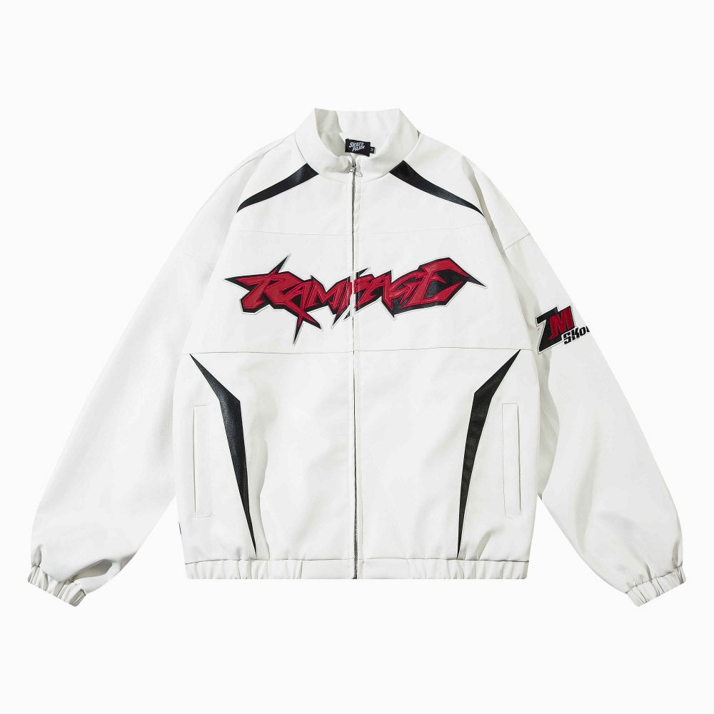 Locomotive Style PU Leather Contrast Color Jacket Couple Baggy Coat