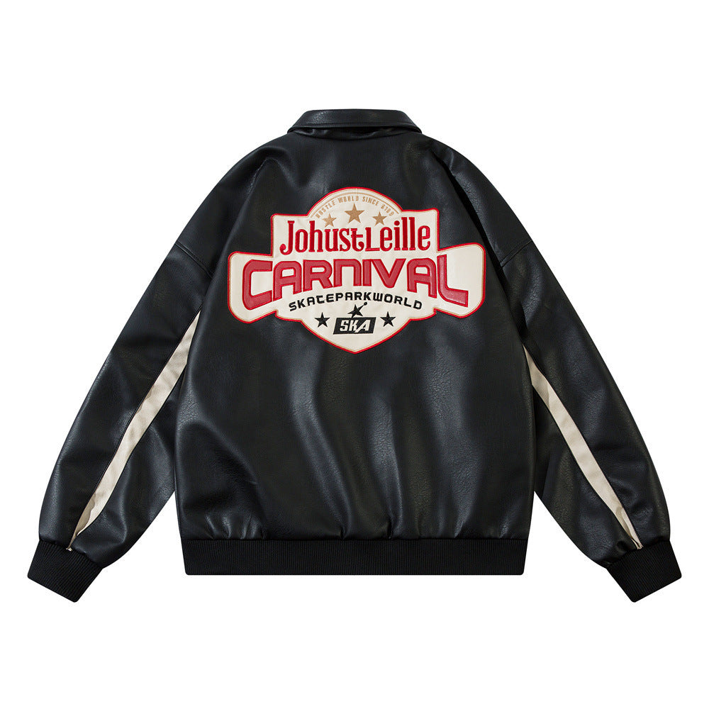 European And American Letters Affixed Cloth Embroidered Loose Leather Coat Coat