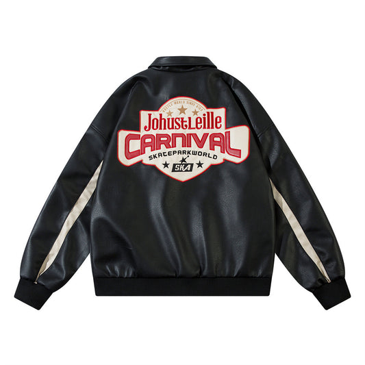 European And American Letters Affixed Cloth Embroidered Loose Leather Coat Coat