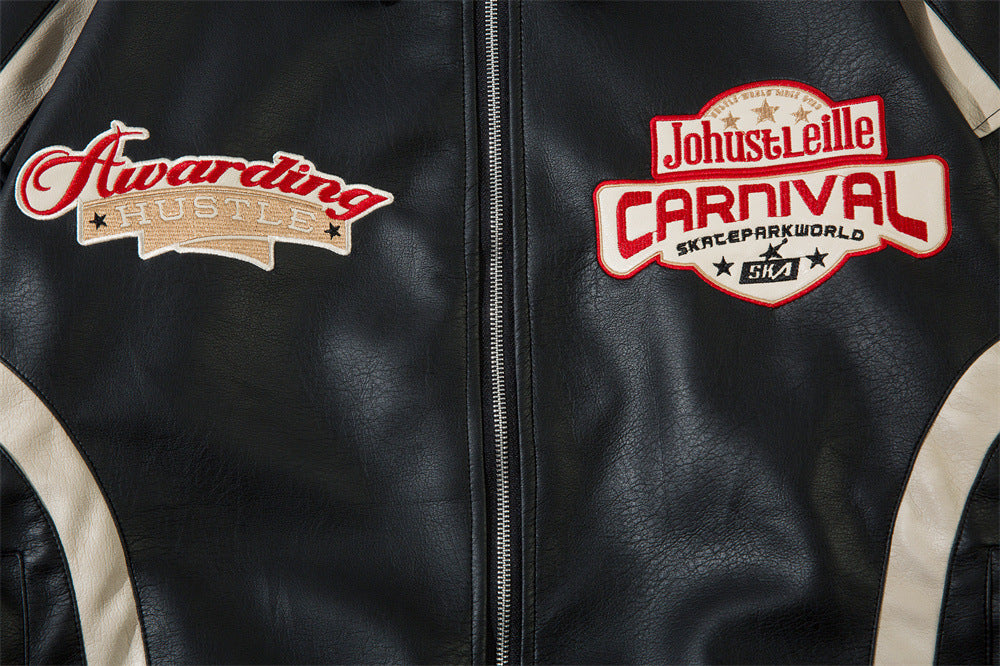 European And American Letters Affixed Cloth Embroidered Loose Leather Coat Coat